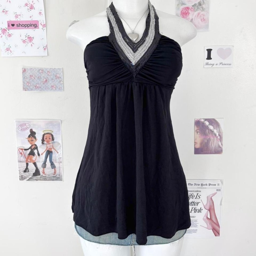 Black Halter Tunic Top with Embellished V-Neck